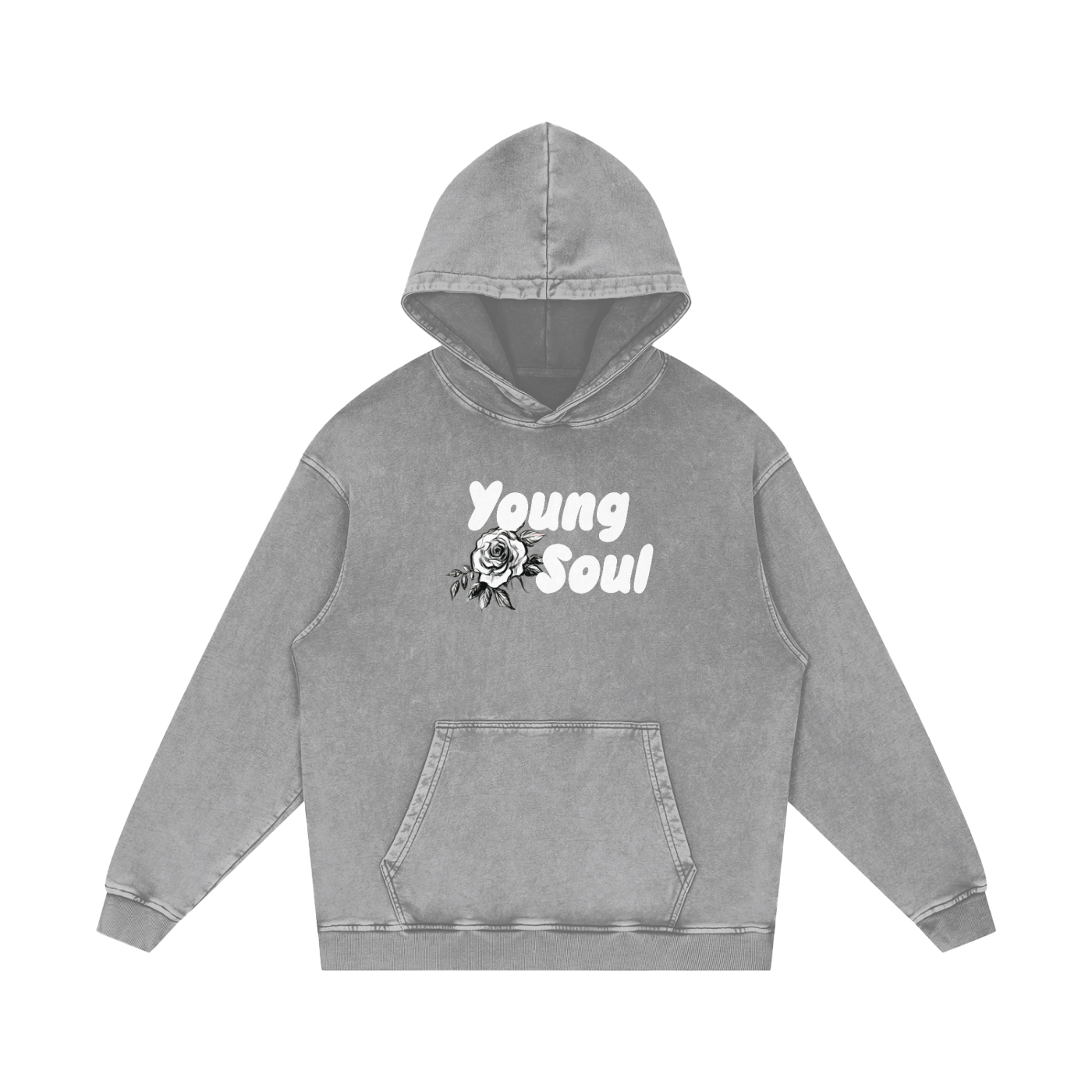 Snow Washed Loose Cotton Hoodie | Young Soul Rose Graphic Hoodie | Vintage Black