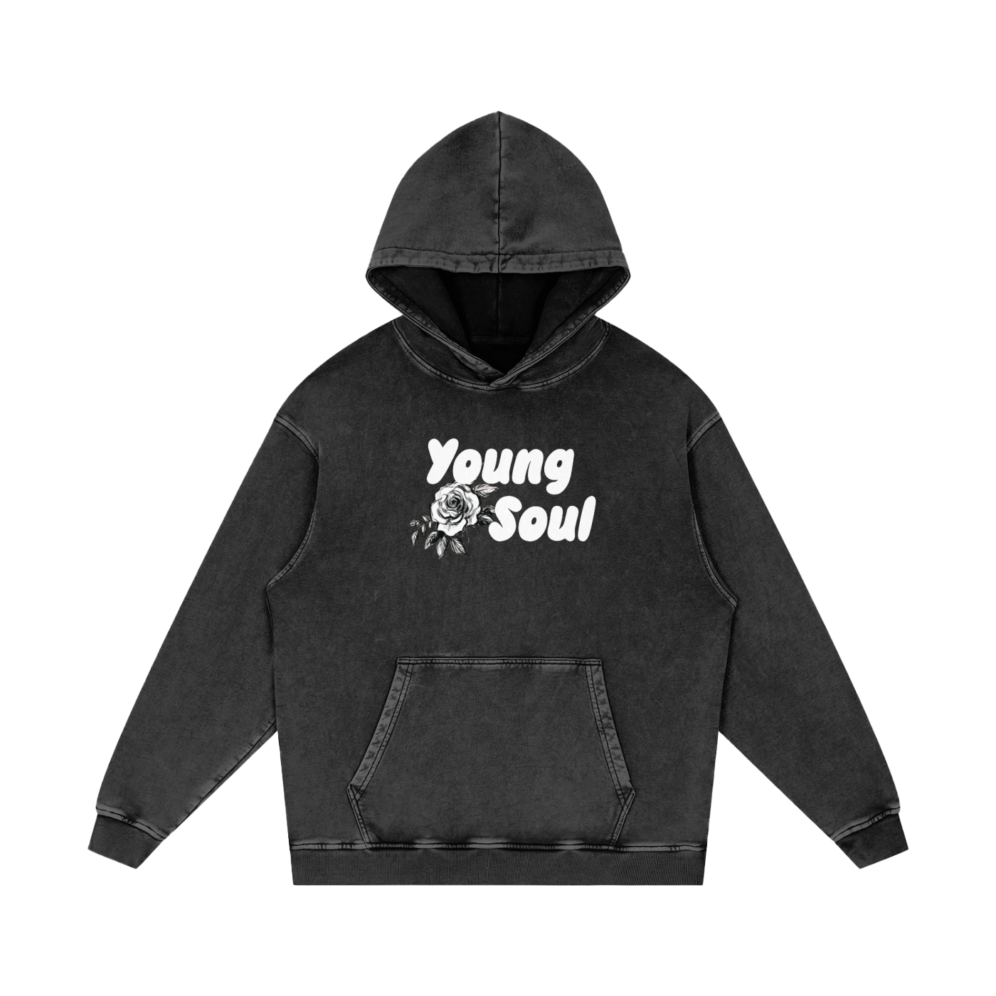 Snow Washed Loose Cotton Hoodie | Young Soul Rose Graphic Hoodie | Vintage Black