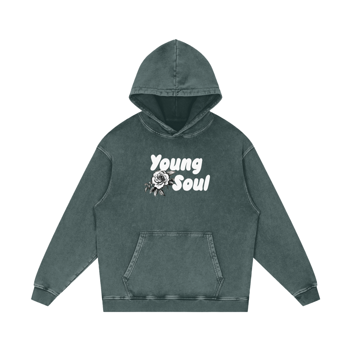 Snow Washed Loose Cotton Hoodie | Young Soul Rose Graphic Hoodie | Vintage Black