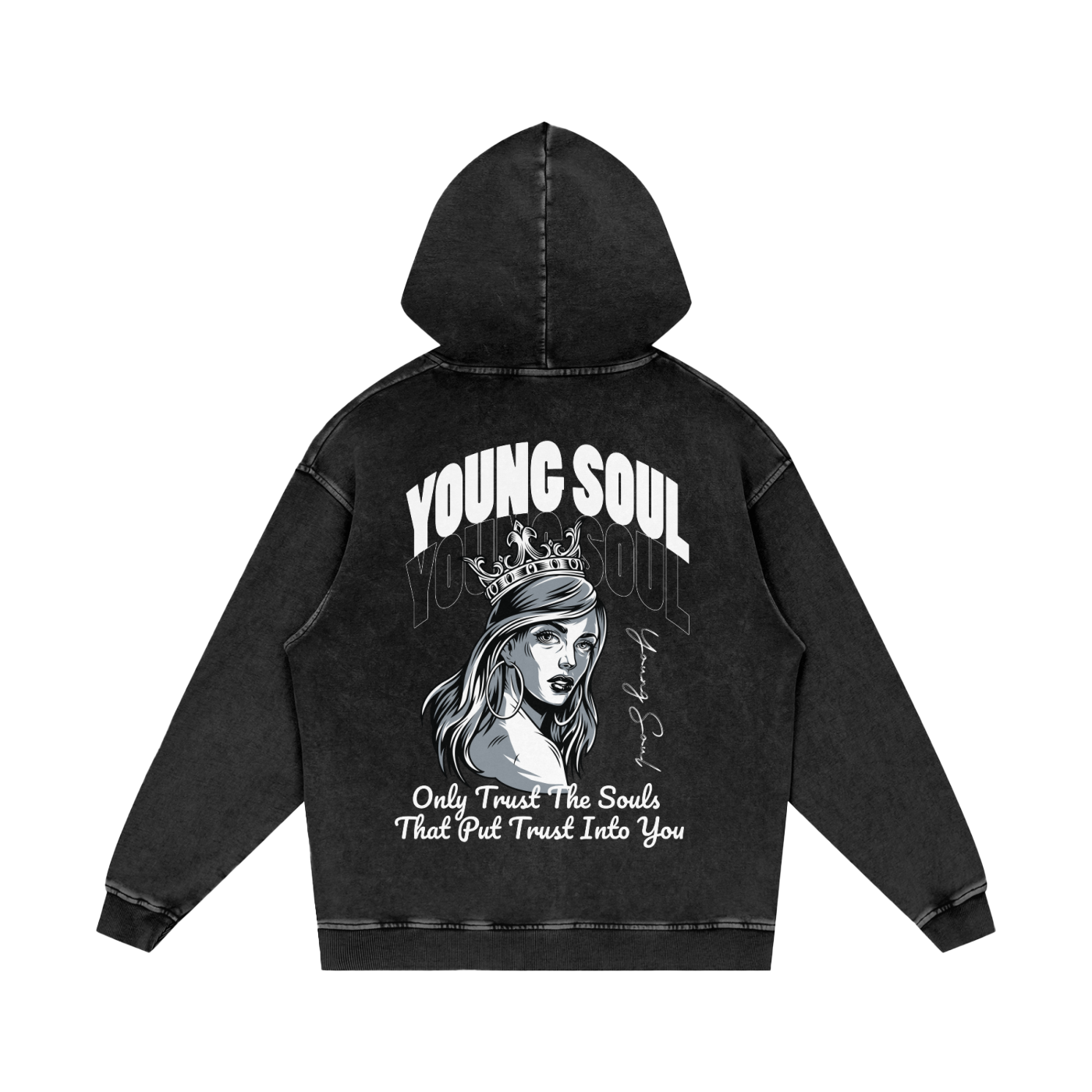 Snow Washed Loose Cotton Hoodie | Young Soul Rose Graphic Hoodie | Vintage Black